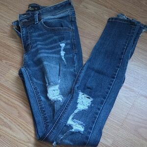 Indigo Rein Women's Distressed Dark Blue Skinny Jeans